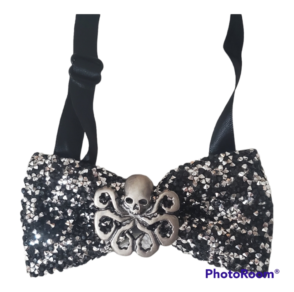 Steampunk octopus mens rhinestones bling bowtie wedding Halloween black silver